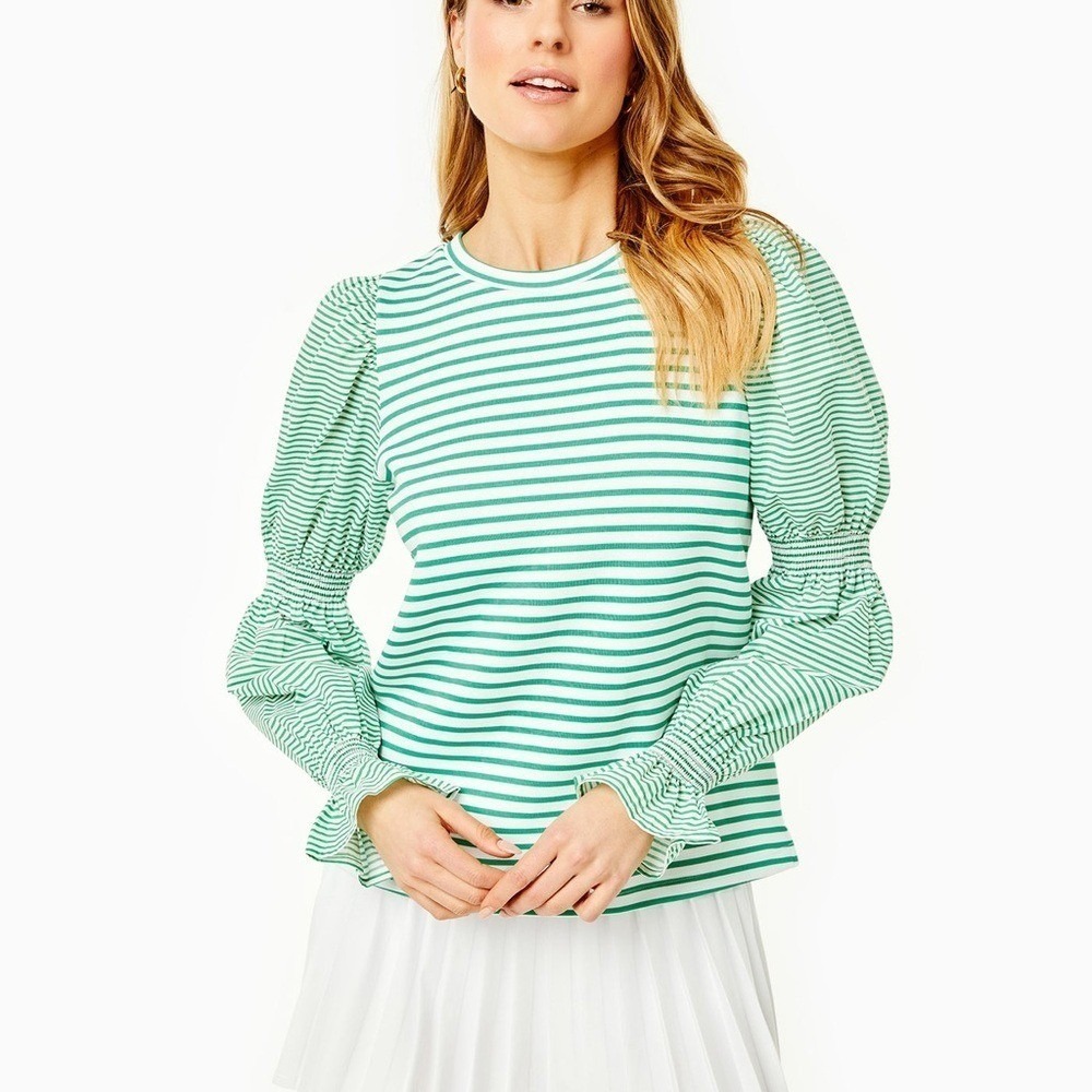 Addison bay Green and White Striped Soft Luxe Prep Pullover Sweatshirt Small New